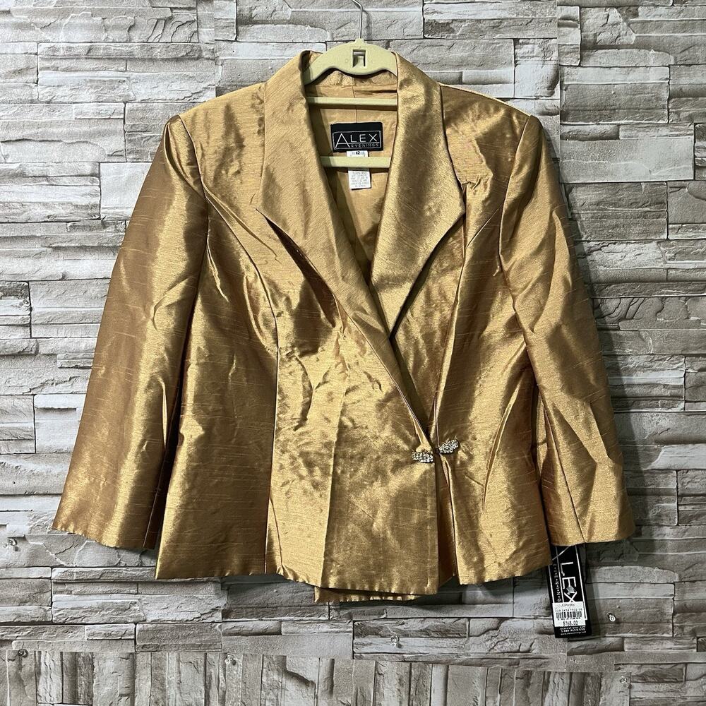 Alex Evenings Jacket Womens Size 12 Metallic Gold Beaded Brooch Y2K NWT